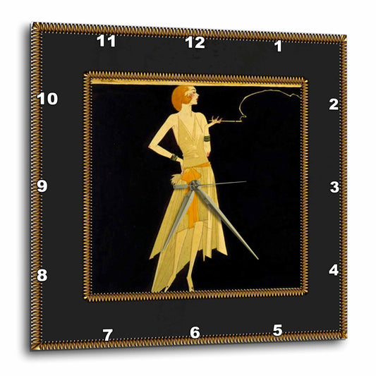 3dRose Florene Vintage - Art Deco Lady On Black with Gold Frame - Wall Clocks (DPP_39590)