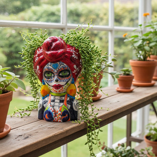 Talavera Skull Lady Planter