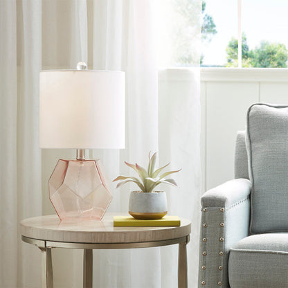 Geometric Pink Glass Table Lamp | 18.85" White Drum Shade, LED Bulb Included