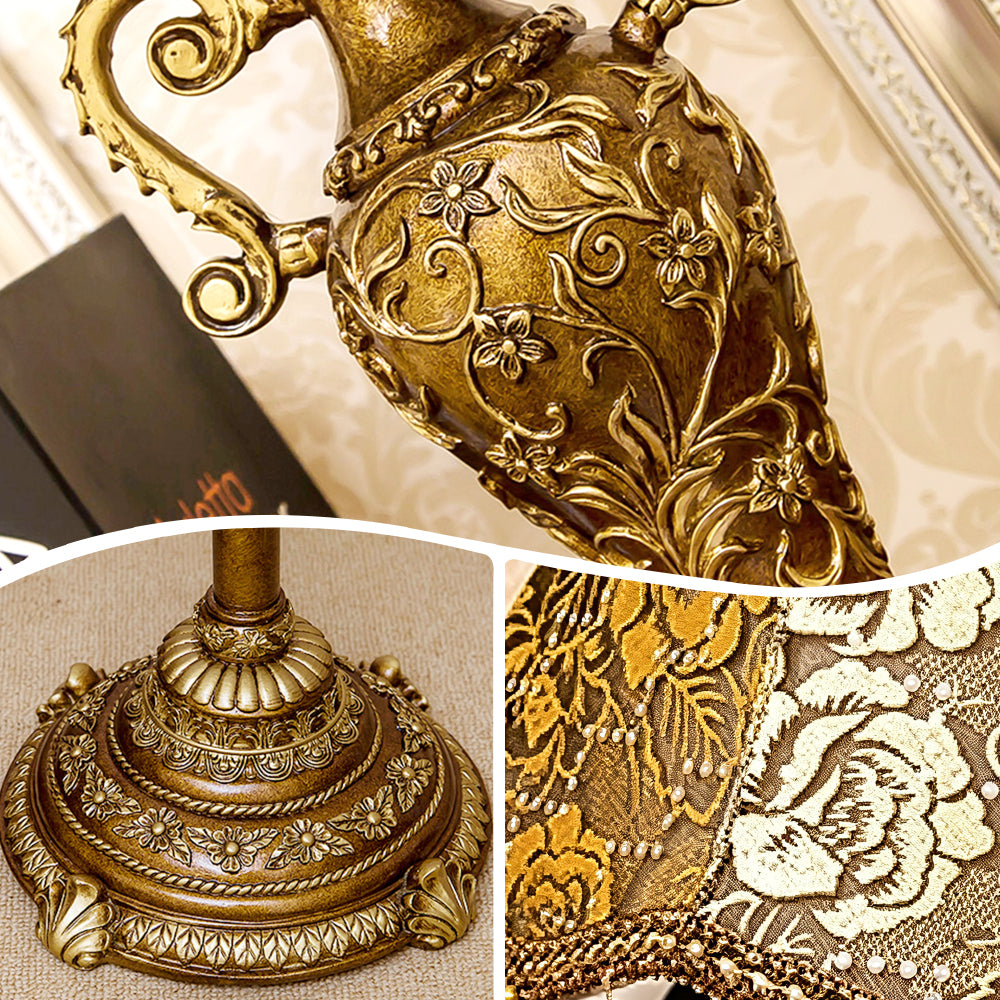 Antique Brass Table Lamp – Floral Fabric Drum Shade, Classic Bedside Night Light