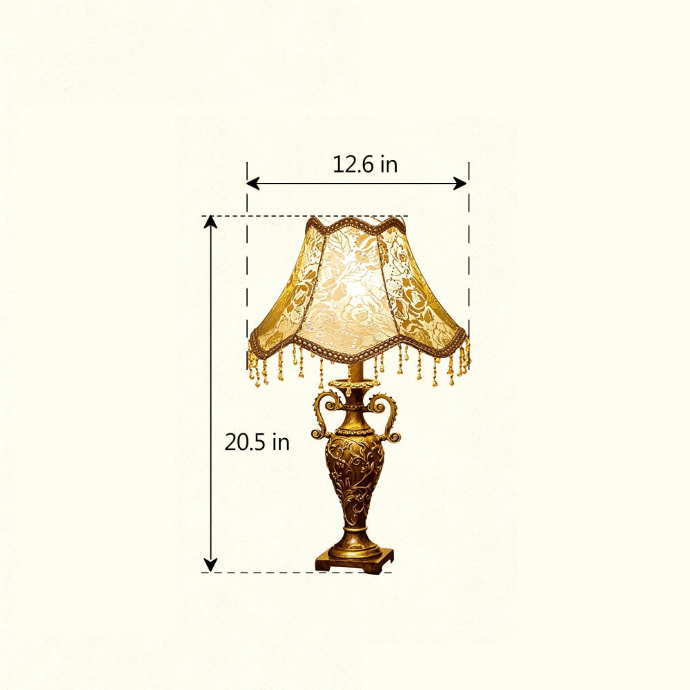 Antique Brass Table Lamp – Floral Fabric Drum Shade, Classic Bedside Night Light