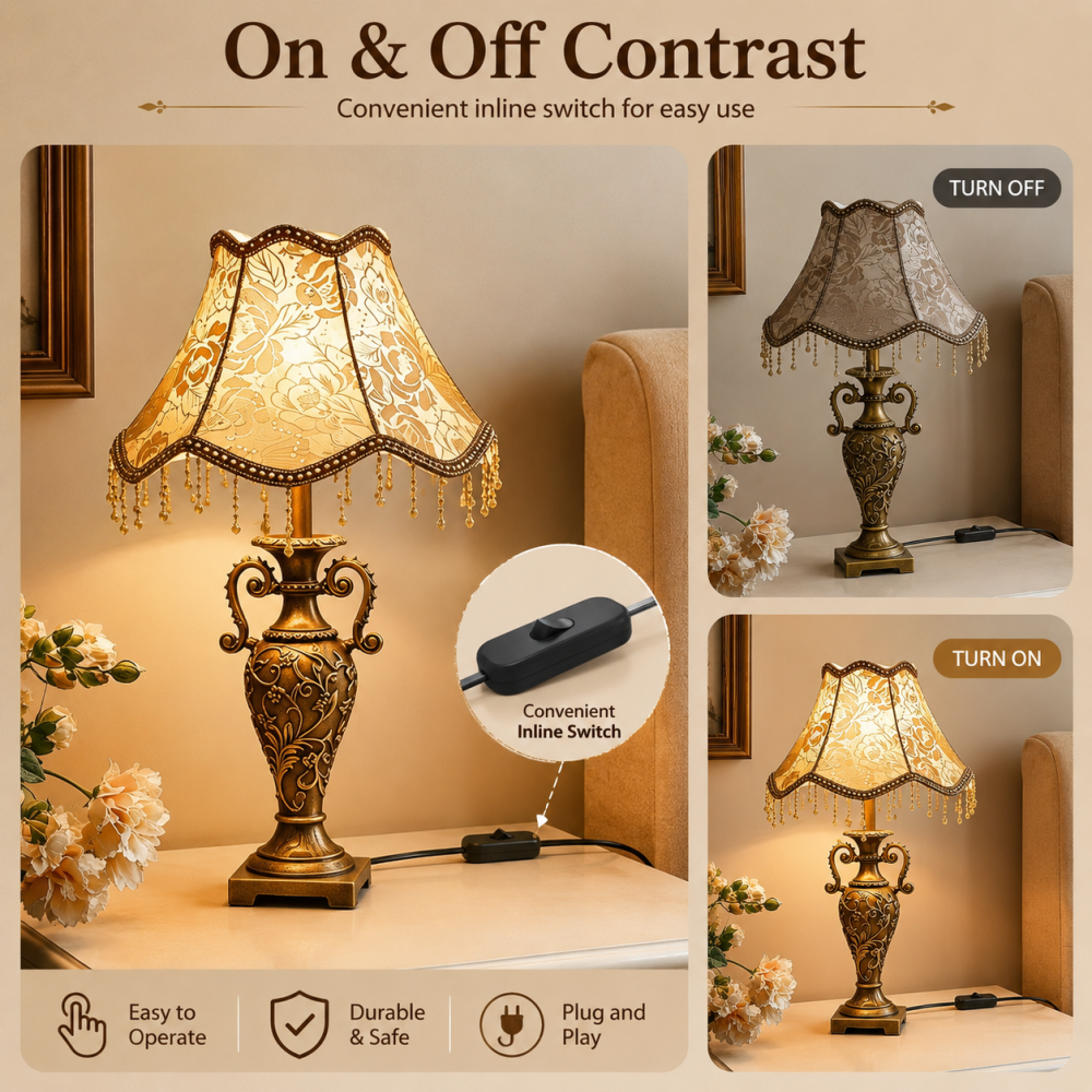 Antique Brass Table Lamp – Floral Fabric Drum Shade, Classic Bedside Night Light