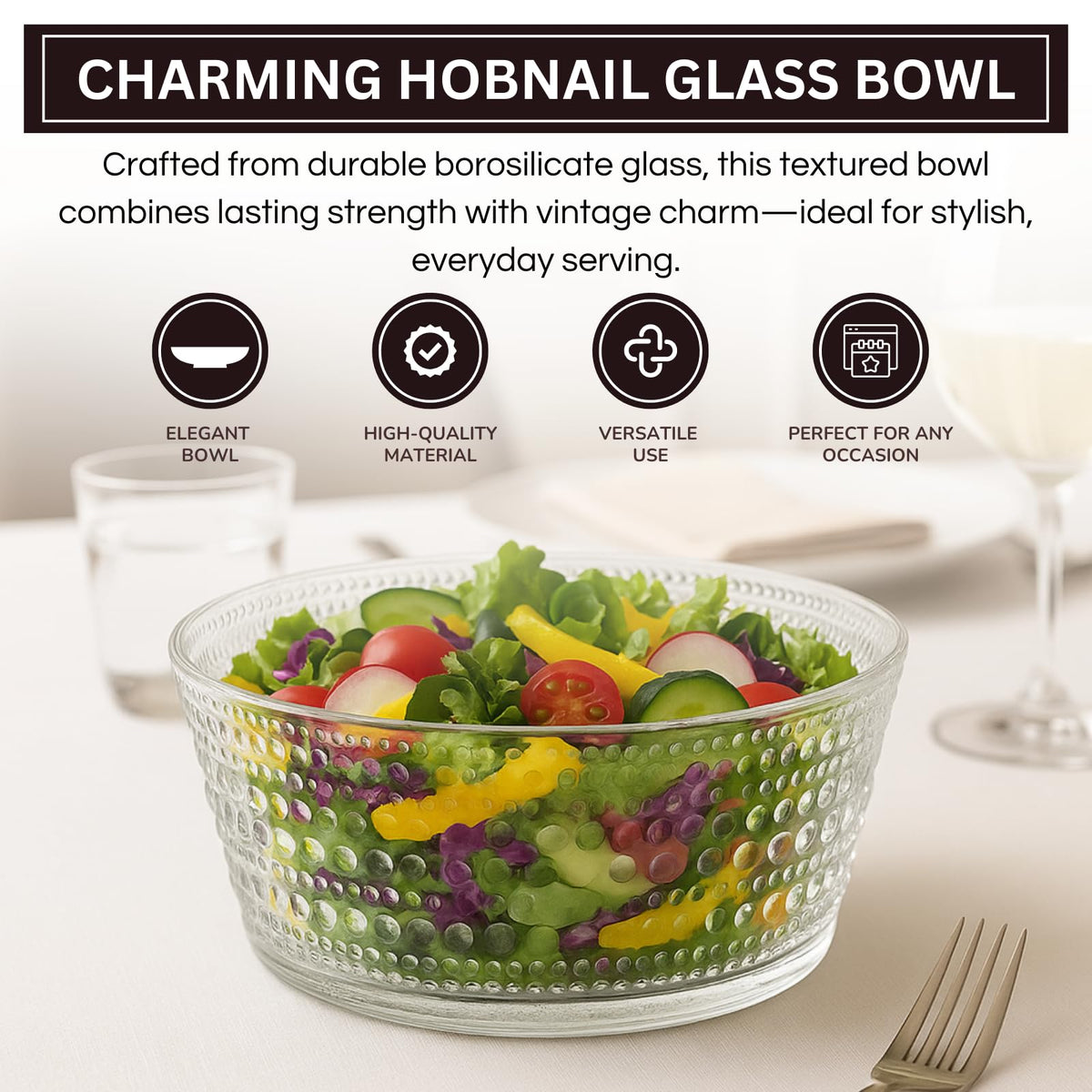 Khen Hobnail Glass Bowl Clear Vintage Style Textured Borosilicate - 10 Inch