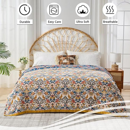 Boho Throw Blanket Reversible Cotton Bohemian Tapestry,100% Cotton Throw Blanket for Couch,Sofa,Chair,Lightweight Summer Quilt Soft 4-Layer Muslin Blanket for Farmhouse,Picnic Decor 50"x60"