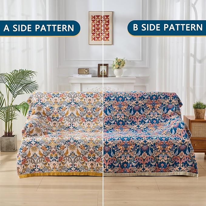 Boho Throw Blanket Reversible Cotton Bohemian Tapestry,100% Cotton Throw Blanket for Couch,Sofa,Chair,Lightweight Summer Quilt Soft 4-Layer Muslin Blanket for Farmhouse,Picnic Decor 50"x60"