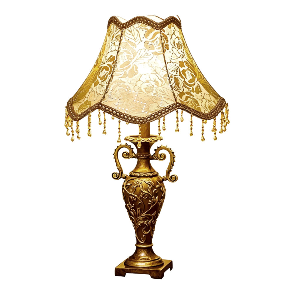 Antique Brass Table Lamp – Floral Fabric Drum Shade, Classic Bedside Night Light