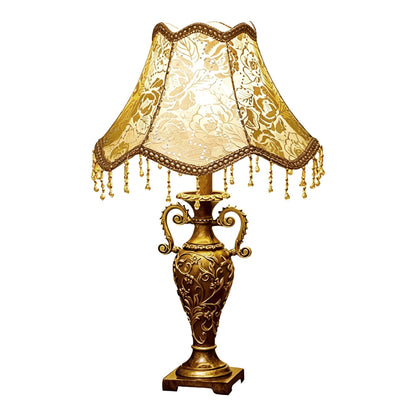 Antique Brass Table Lamp – Floral Fabric Drum Shade, Classic Bedside Night Light