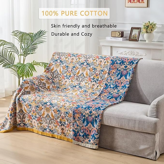 Boho Throw Blanket Reversible Cotton Bohemian Tapestry,100% Cotton Throw Blanket for Couch,Sofa,Chair,Lightweight Summer Quilt Soft 4-Layer Muslin Blanket for Farmhouse,Picnic Decor 50"x60"