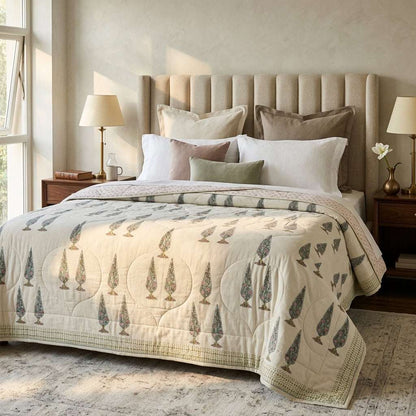 Flowering Garden Trees Hand Block Printed Sanganeri Quilted Comforter