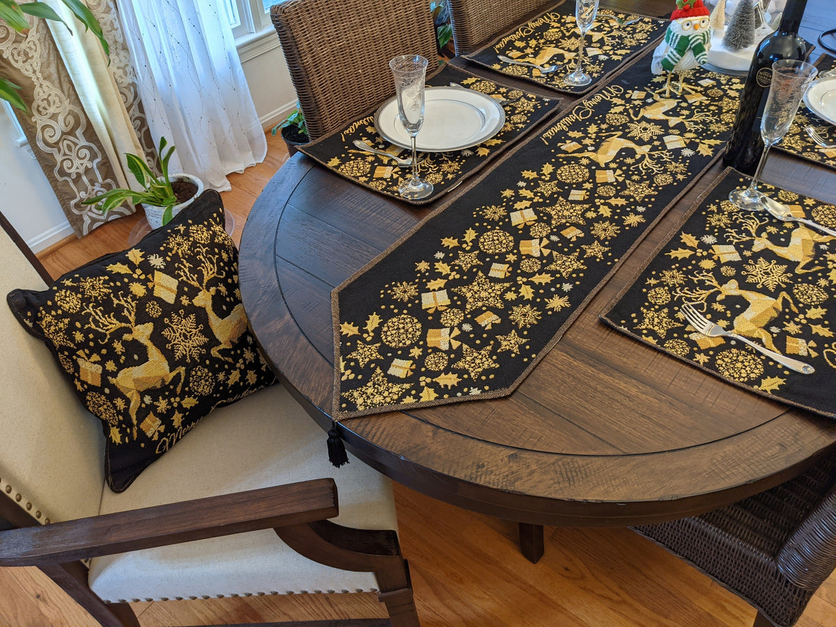 DaDa Bedding Magical Golden Reindeer Woven Tapestry Dining Table Runner (18272)