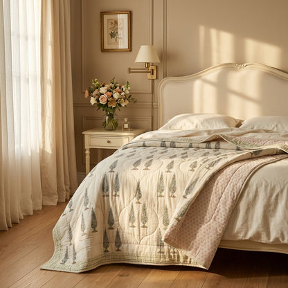 Flowering Garden Trees Hand Block Printed Sanganeri Quilted Comforter