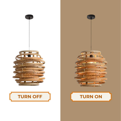 Artisan Stacked Rattan Ring Pendant – Sculptural Modern Boho Light