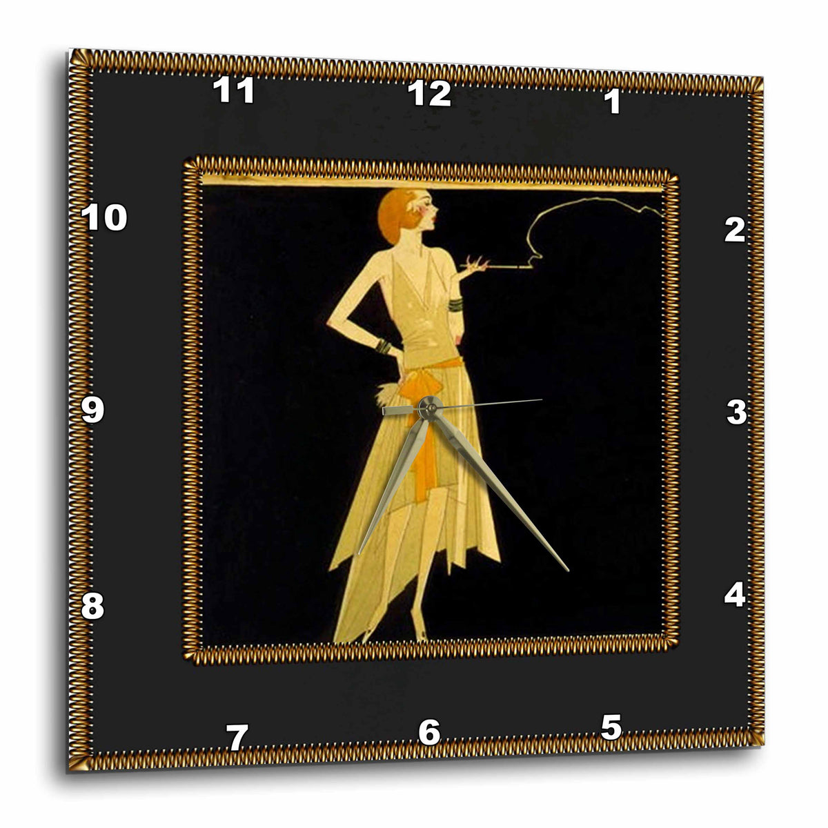 3dRose Florene Vintage - Art Deco Lady On Black with Gold Frame - Wall Clocks (DPP_39590)