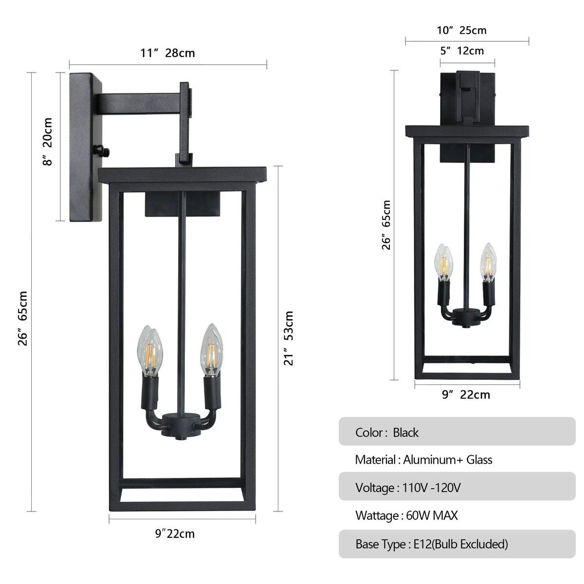 Outdoor Wall Lantern – Black Iron Frame, Frosted Glass & 4x E12 Sockets | Weatherproof Wall Sconce