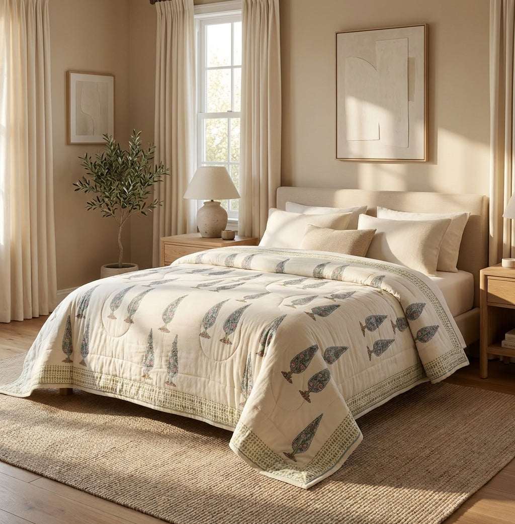 Flowering Garden Trees Hand Block Printed Sanganeri Quilted Comforter