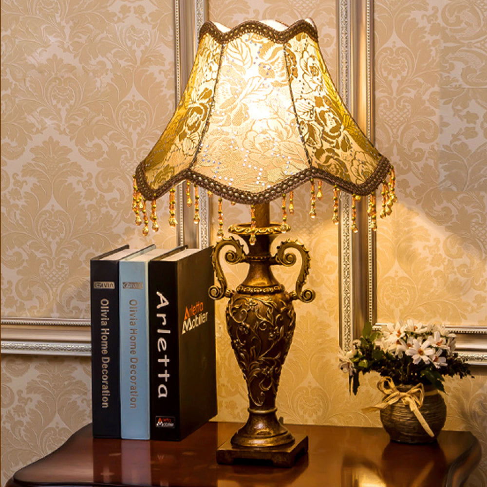 Antique Brass Table Lamp – Floral Fabric Drum Shade, Classic Bedside Night Light