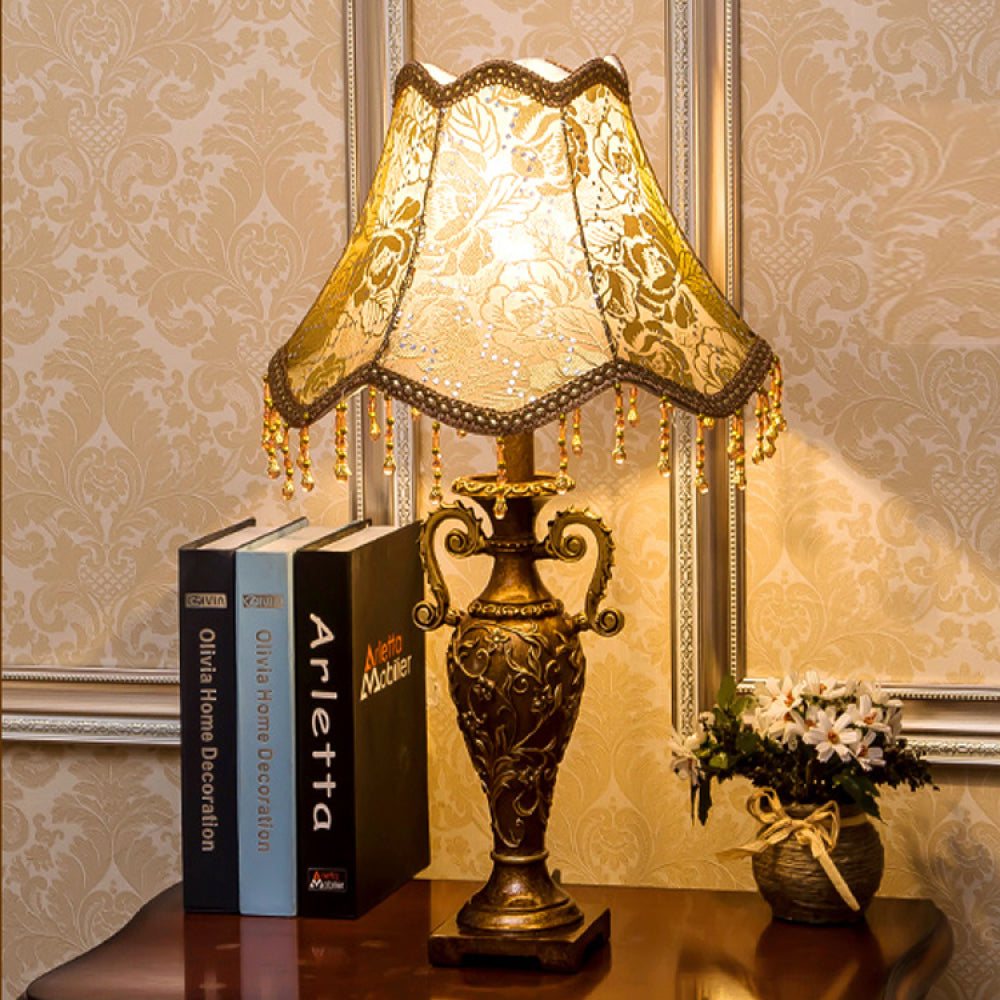 Antique Brass Table Lamp – Floral Fabric Drum Shade, Classic Bedside Night Light