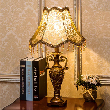 Antique Brass Table Lamp – Floral Fabric Drum Shade, Classic Bedside Night Light