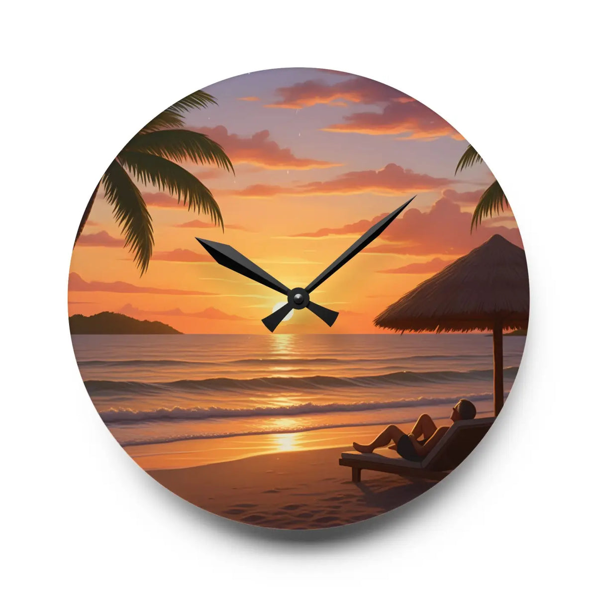 DipaliZ Tropical Sunset Beach Wall Clock Glossy Acrylic