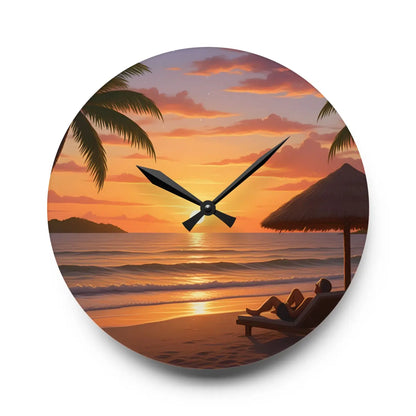 DipaliZ Tropical Sunset Beach Wall Clock Glossy Acrylic