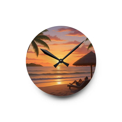 DipaliZ Tropical Sunset Beach Wall Clock Glossy Acrylic