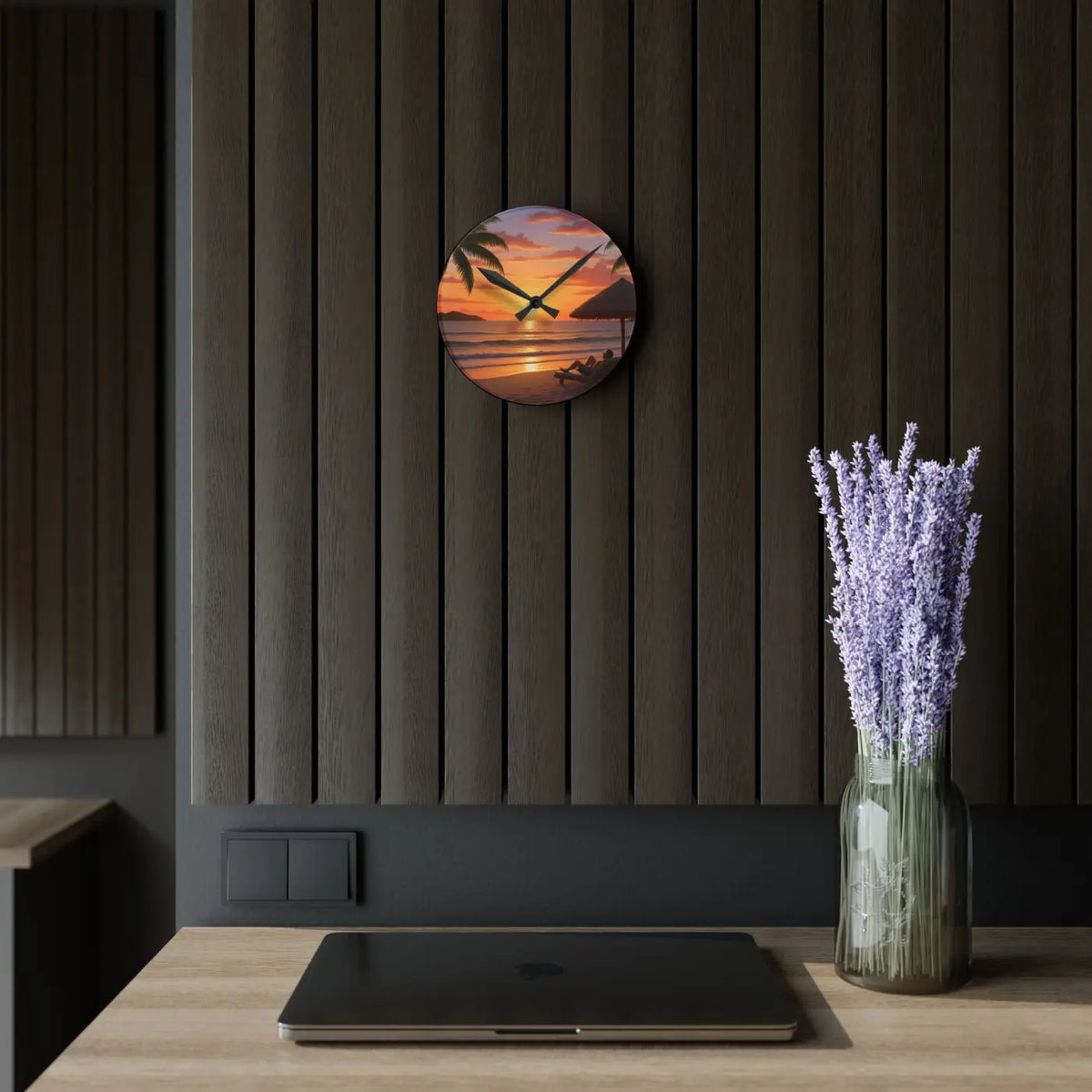 DipaliZ Tropical Sunset Beach Wall Clock Glossy Acrylic