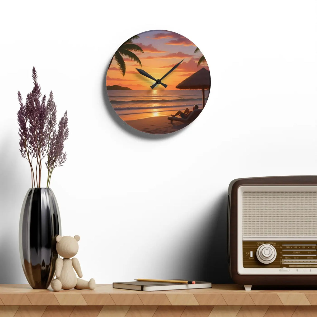 DipaliZ Tropical Sunset Beach Wall Clock Glossy Acrylic