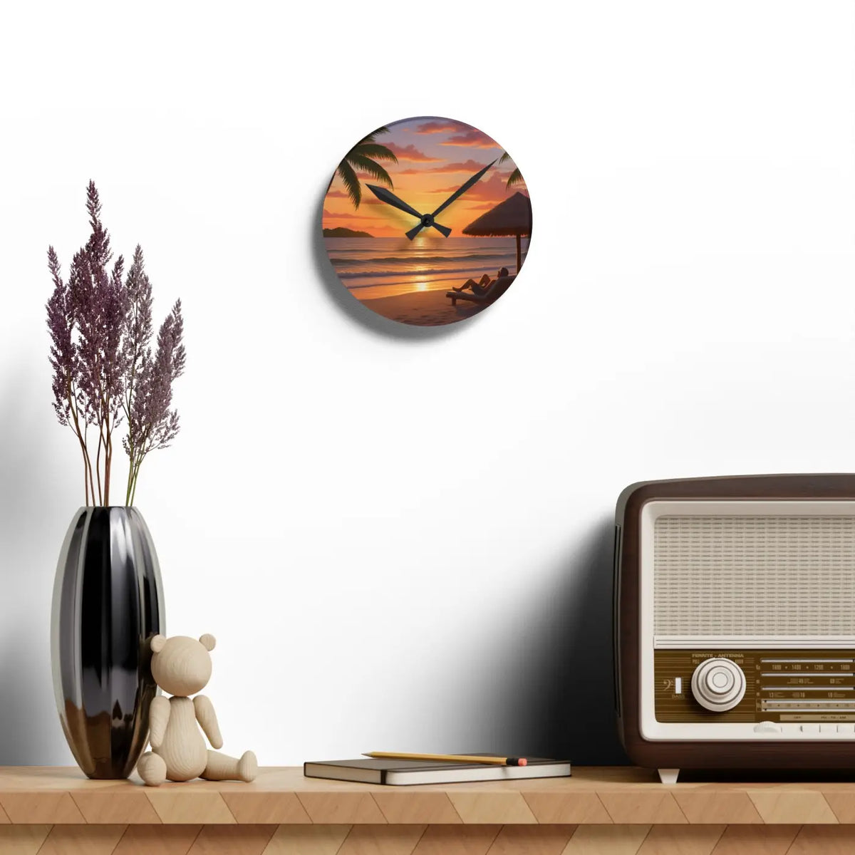 DipaliZ Tropical Sunset Beach Wall Clock Glossy Acrylic