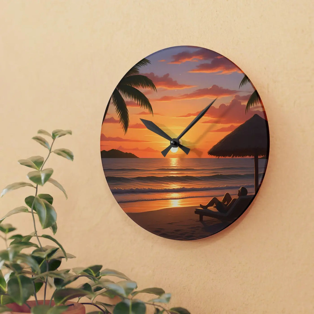 DipaliZ Tropical Sunset Beach Wall Clock Glossy Acrylic