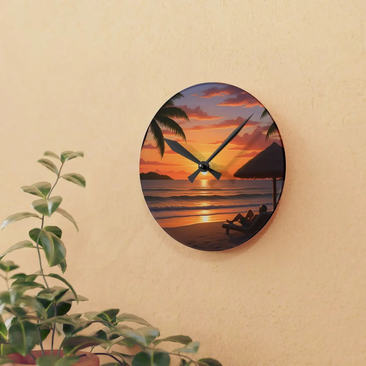 DipaliZ Tropical Sunset Beach Wall Clock Glossy Acrylic
