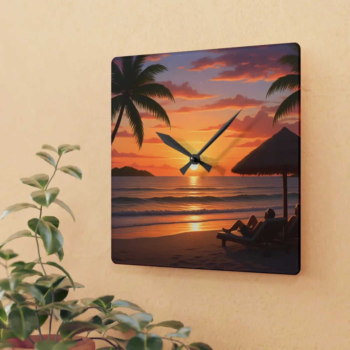 DipaliZ Tropical Sunset Beach Wall Clock Glossy Acrylic