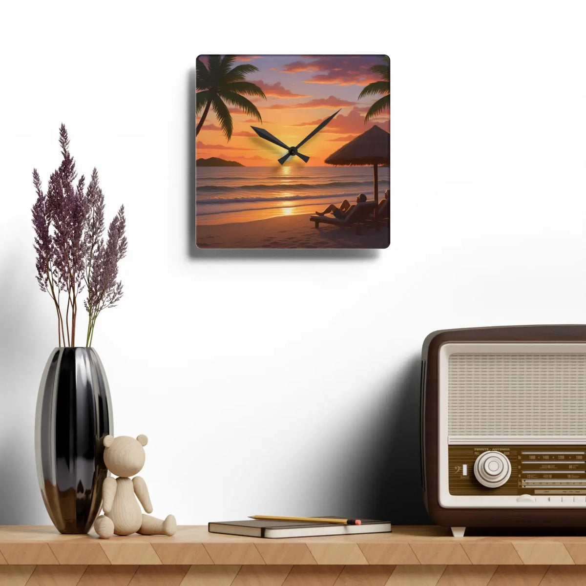 DipaliZ Tropical Sunset Beach Wall Clock Glossy Acrylic