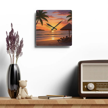 DipaliZ Tropical Sunset Beach Wall Clock Glossy Acrylic