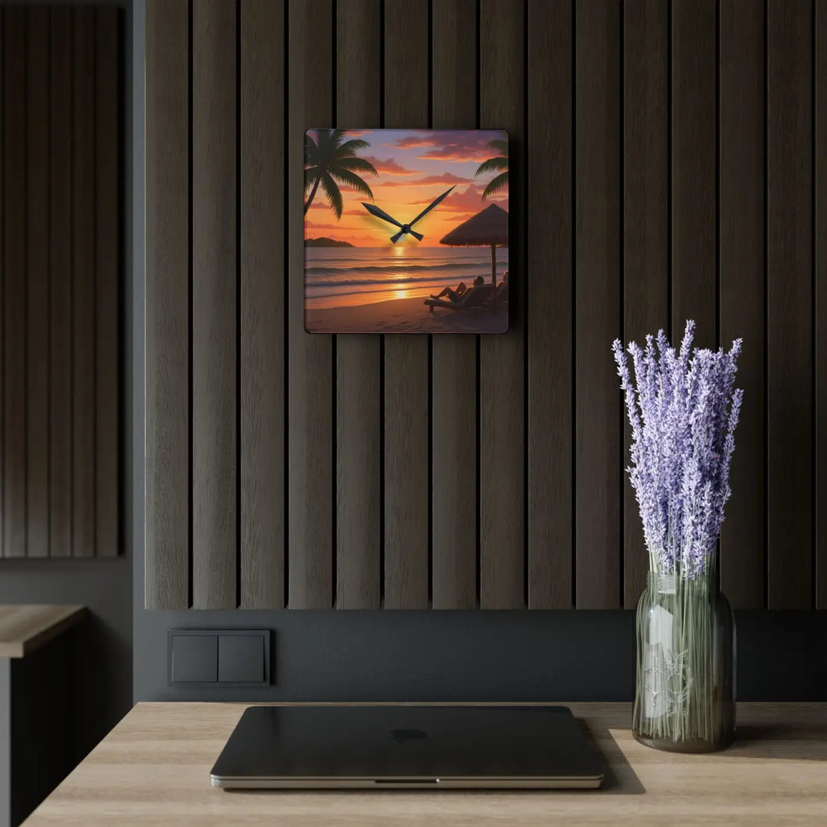 DipaliZ Tropical Sunset Beach Wall Clock Glossy Acrylic
