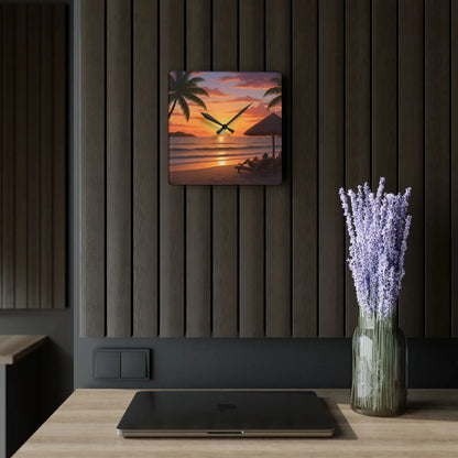 DipaliZ Tropical Sunset Beach Wall Clock Glossy Acrylic