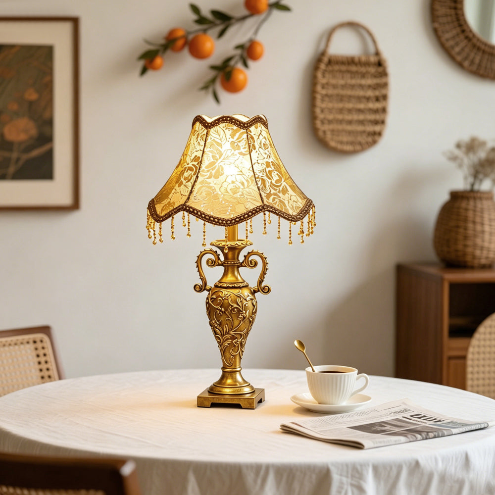 Antique Brass Table Lamp – Floral Fabric Drum Shade, Classic Bedside Night Light