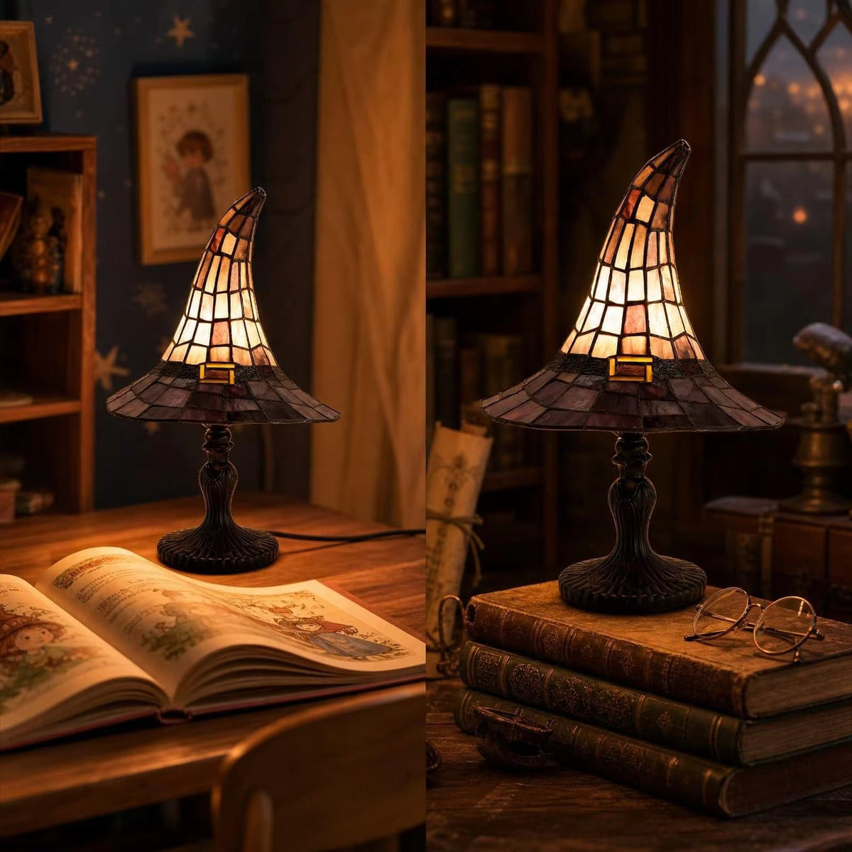 Wizard Hat Resin Accent Lamp with Vintage Stained Glass Effect