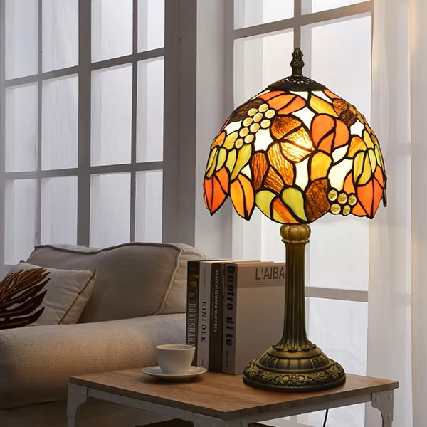 Vintage Tiffany Stained Glass Grapevine Table Lamp | Vintage Art Glass Desk Light
