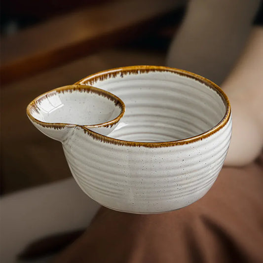 Japanese Ceramic Salad Bowl with Integrated Dip Cup – Reactive Glaze Serving Bowl