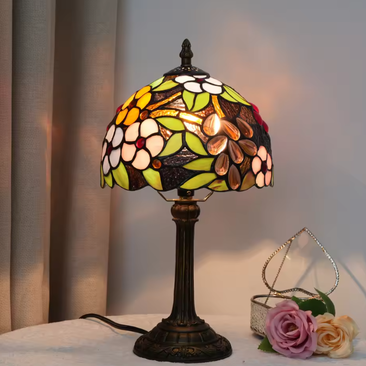 Vintage Tiffany Stained Glass Grapevine Table Lamp | Vintage Art Glass Desk Light
