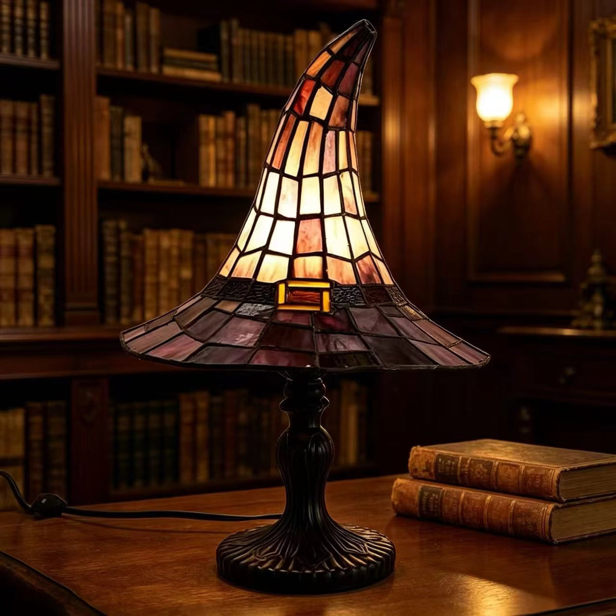 Wizard Hat Resin Accent Lamp with Vintage Stained Glass Effect