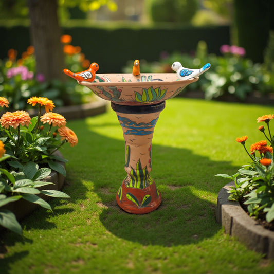 Hand-Painted Terracotta Bird Bath
