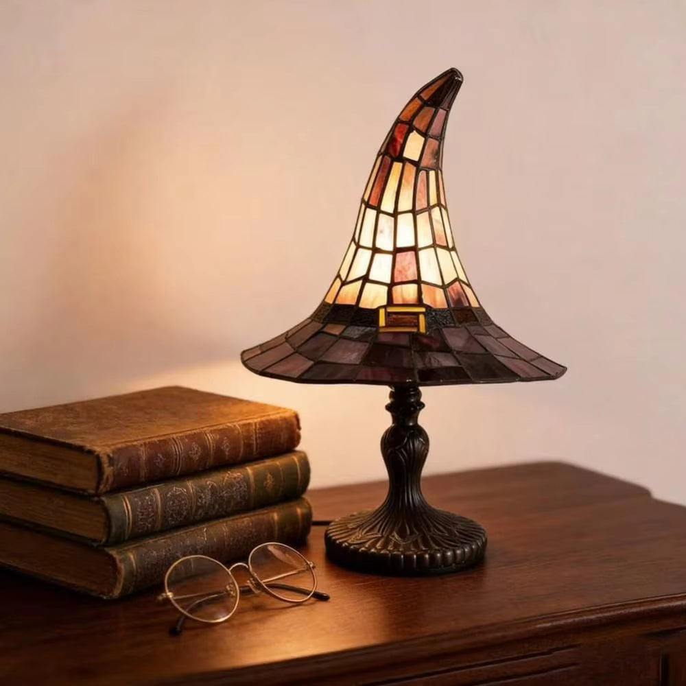 Wizard Hat Resin Accent Lamp with Vintage Stained Glass Effect