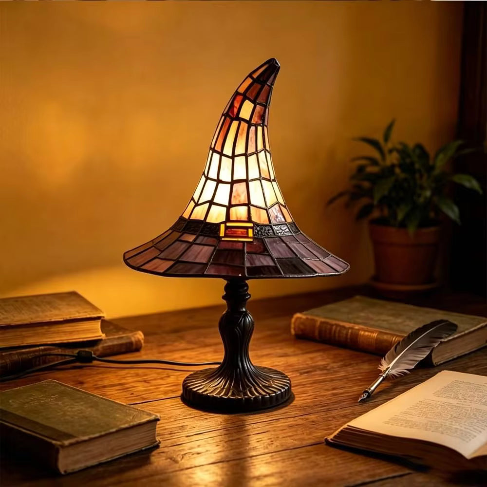 Wizard Hat Resin Accent Lamp with Vintage Stained Glass Effect