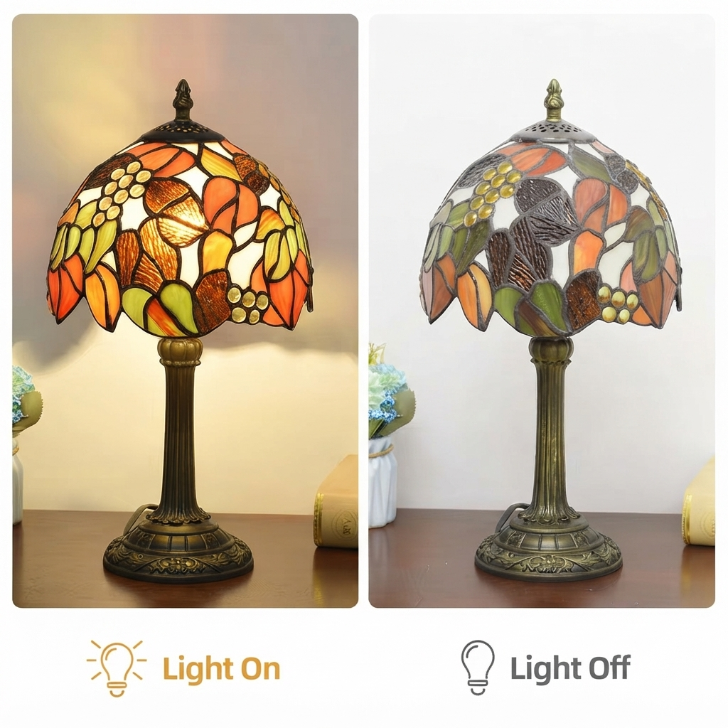 Vintage Tiffany Stained Glass Grapevine Table Lamp | Vintage Art Glass Desk Light